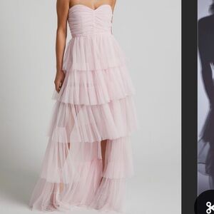 Elegant Light Baby Pink Strapless Tiered Tulle Long Maxi Dress